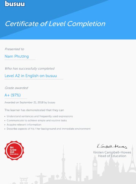 Certificate of Level Completion in English on Busuu