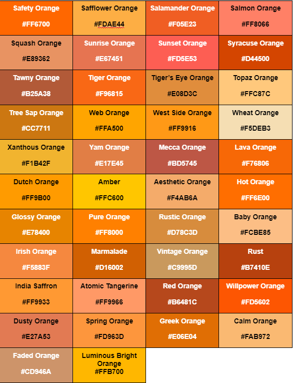 Nama-nama warna dengan nuansa warna jingga