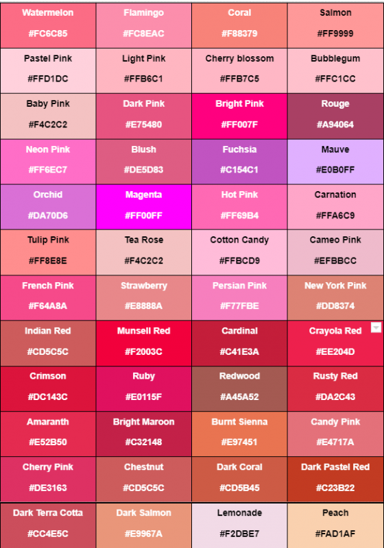 Nama-nama warna dengan nuansa warna pink
