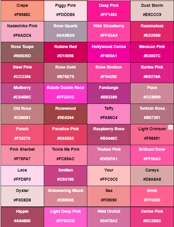 Nama-nama warna dengan nuansa warna pink