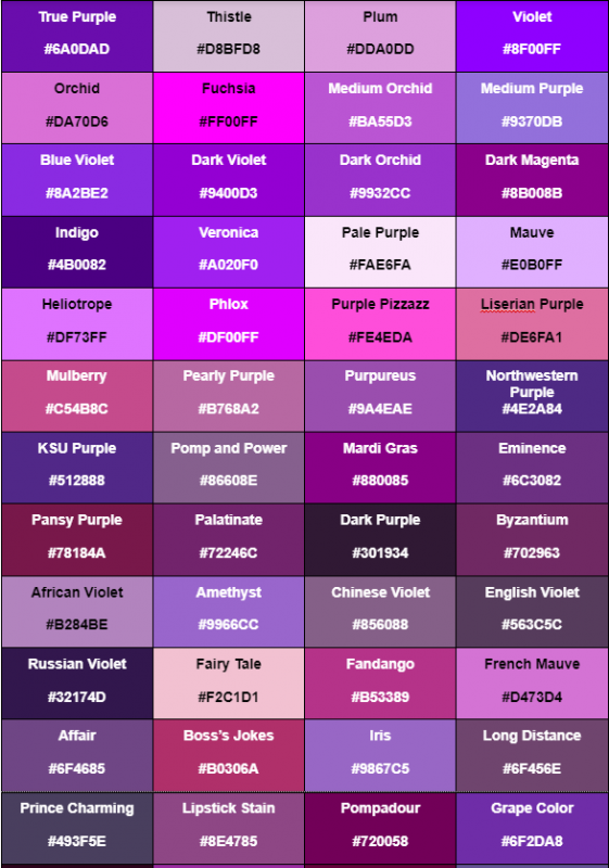 Nama-nama warna dengan nuansa warna ungu