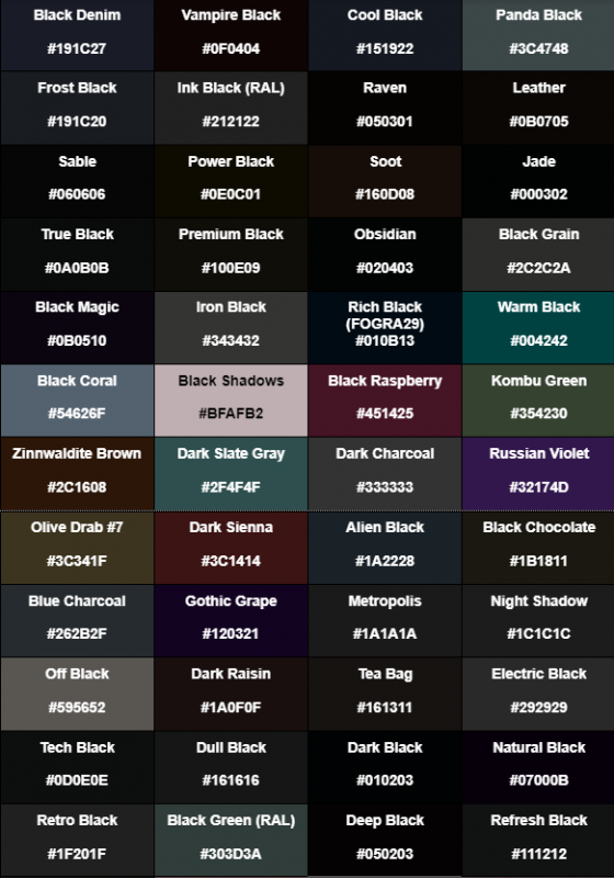 nama-nama warna dalam bahasa inggris - nuansa warna hitam